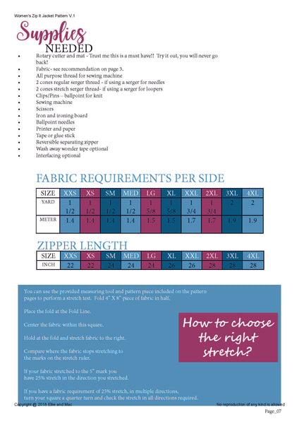 womens zip it fabric requirements chart for Ellie and Mac Sewing Pattern