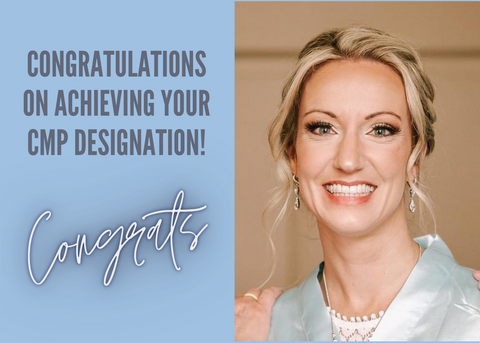 Heather McComas smiling at the camera with blonde hair and a silver jacket. Text reads: Congratulations on achieving your CMP designation! Congrats