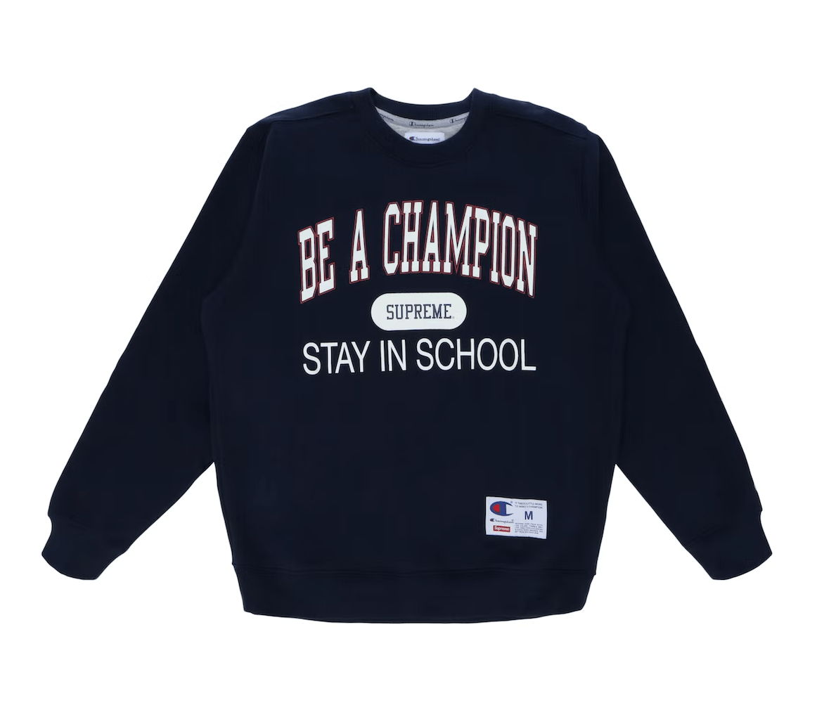 Supreme Champion Stay In School Crewneck Sweatshirt Navy