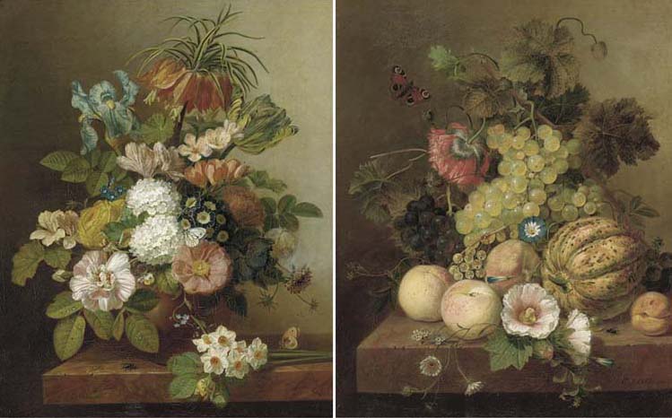 Summer flowers in a vase on a marble ledge; and Grapes, peaches, melon and an apricot on a marble ledge