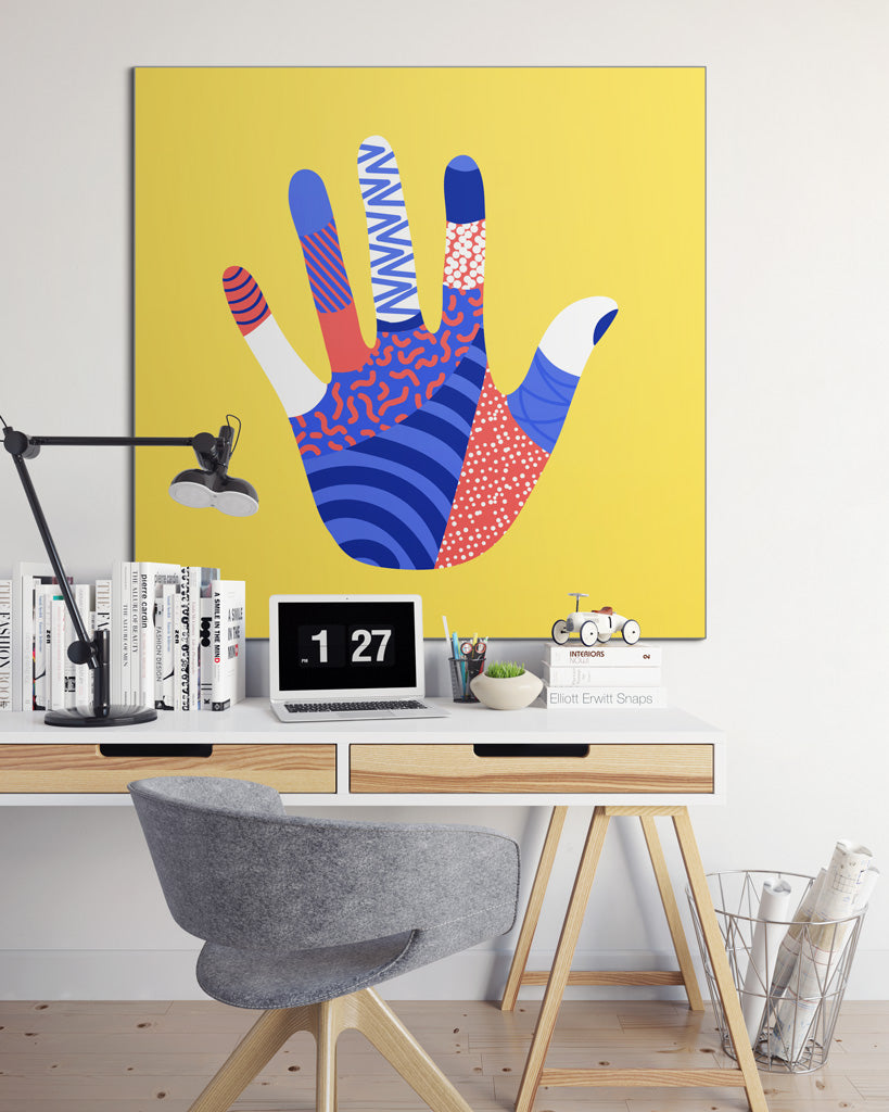 Workplace with bright palm art print