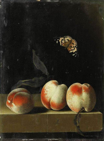 Three Peaches on a stone worktop and a Red Admiral butterfly