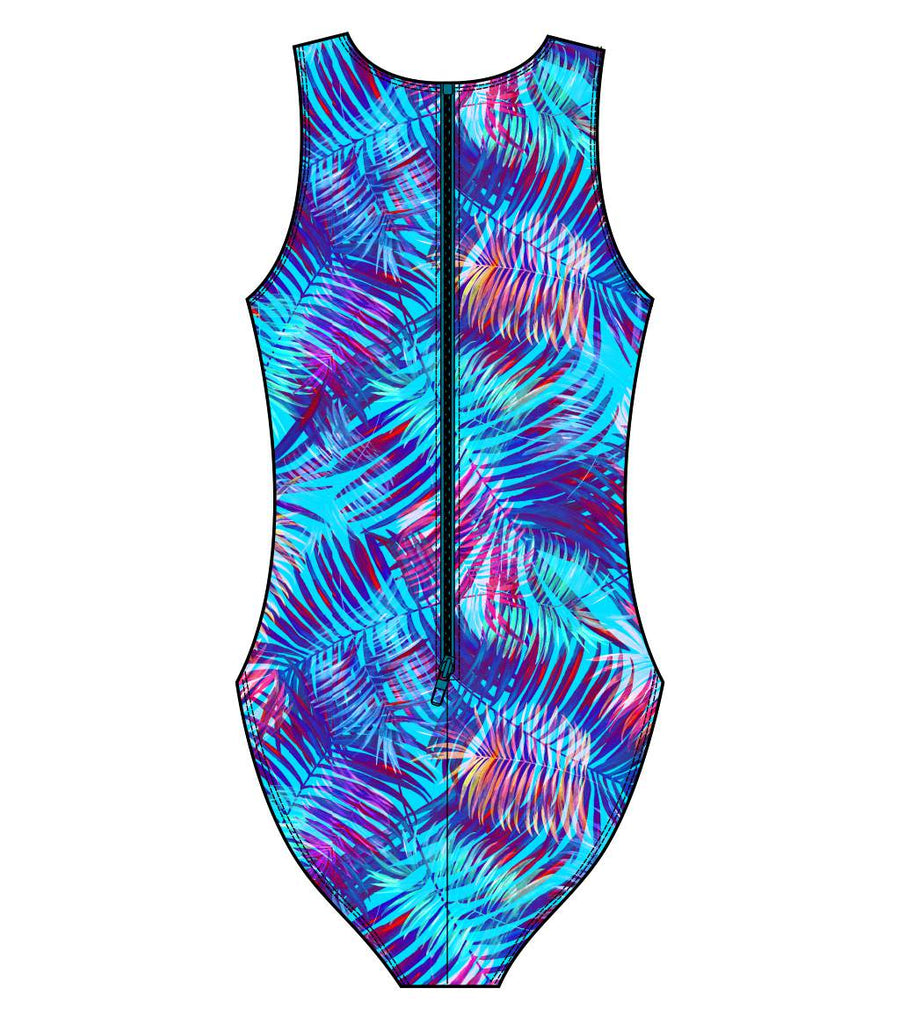 Female Water Polo Swimsuit Blue Palm – Martin West Designs