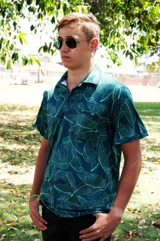 Male Blue Banana Leaf Printed Golf Shirt – Martin West Designs