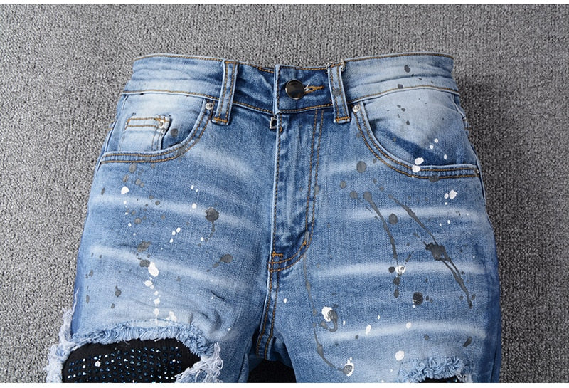 Blue With Red Paint Patchwork Splatter Jeans, Patchwork Paint Splatter  Jeans