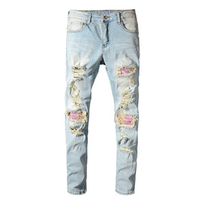 mens jeans with bandana patches