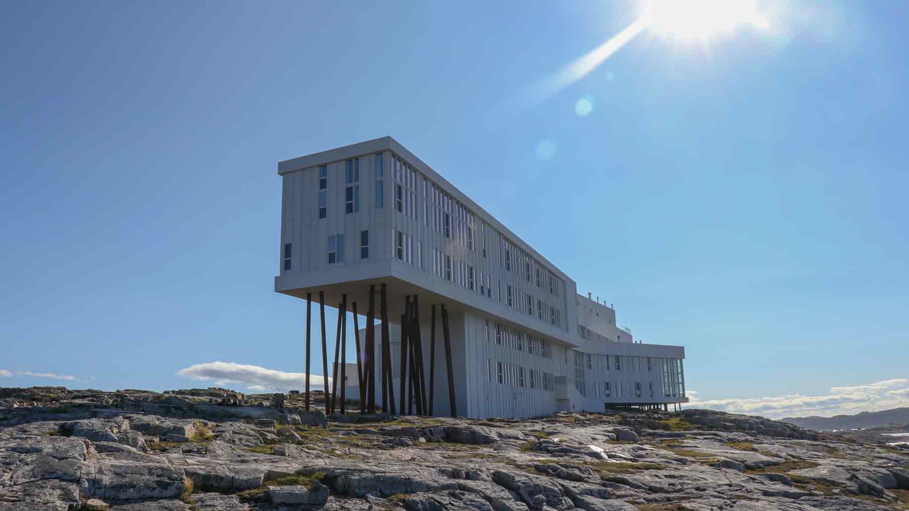 Looking up at the Fogo Island Inn in the sun