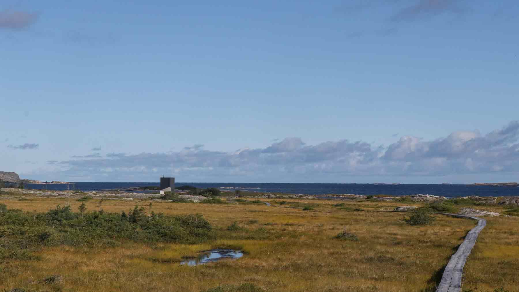 Tower artists studio in the distance with the rickety wooden boardwalk on Fogo Island