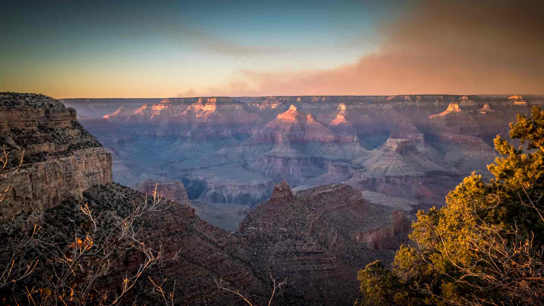 Smoke over the North Rim of the Grand Canyon as the sun set
