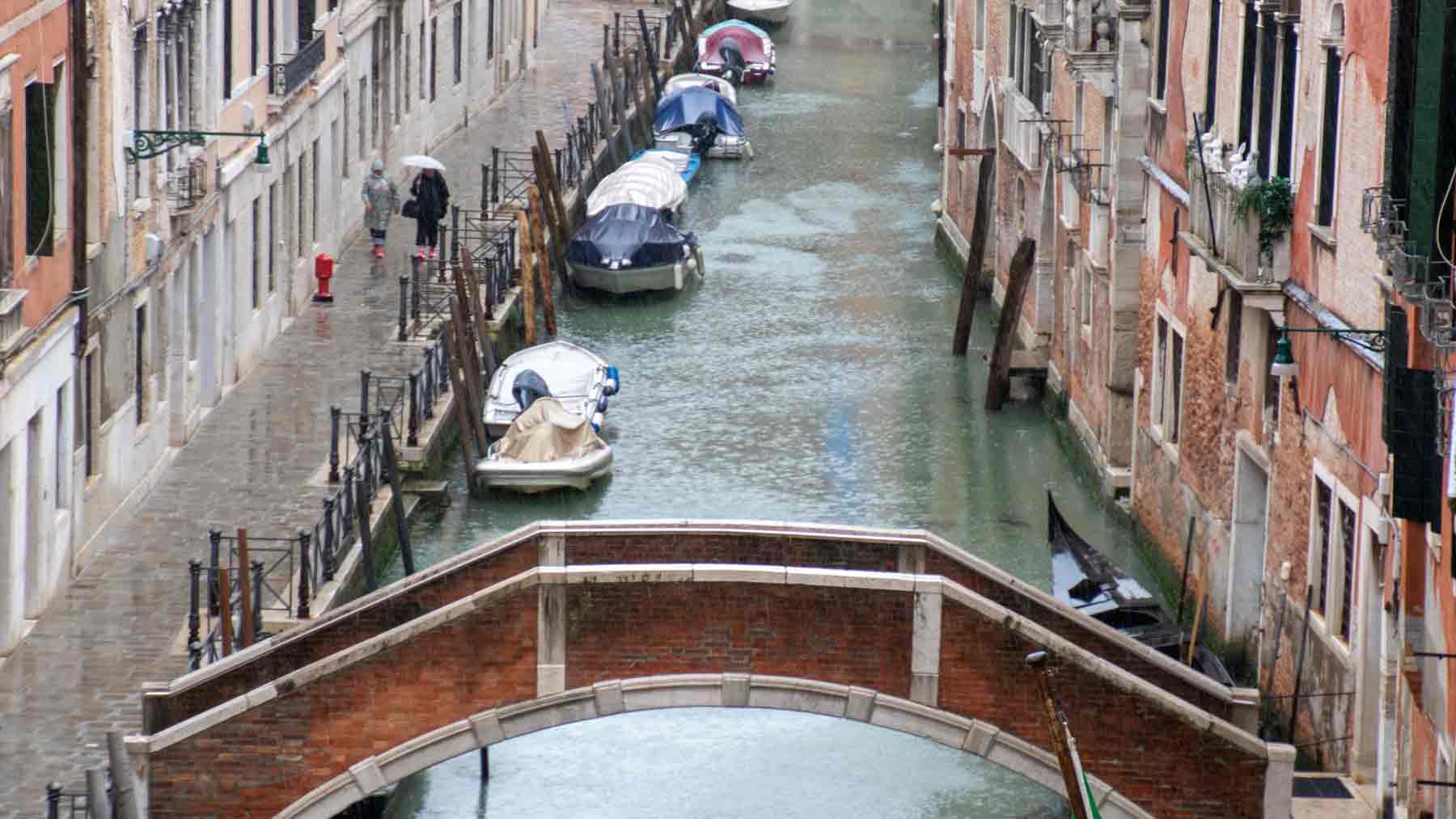 Rain on a canal in Venice, people are walking with umbrellas