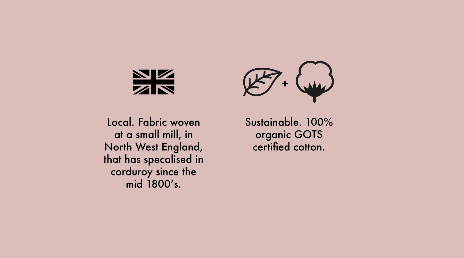 Symbols identifying the Organic Corduroy fabric having been made by a British Company that has made corduroy since the mid 1800s and is 100% GOTS certified organic cotton