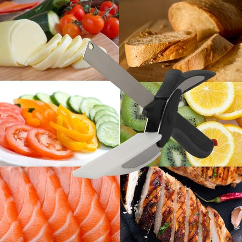 Multi-Function Smart 2 in 1 Clever Cutter Scissor Cutting Board Utility  Cutter Stainless Steel Smart Vegetable Knife.