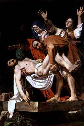 Caravaggio, detail  Deposition (or Entombment), c. 1600-04, oil on canvas, 300 x 203 cm (Pinacoteca Vaticana, Vatican City) After the crucifixion, some of Christ's followers (Nicodemus, Joseph of Arimathea, Mary Magdalene) along with his Mother, remove Christ's body from the cross and place it in the tomb.