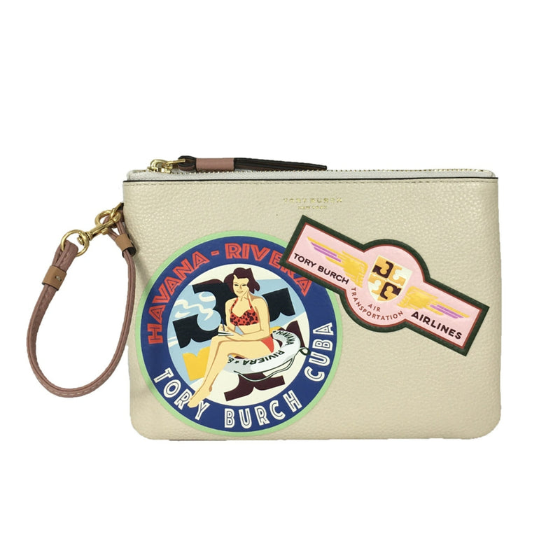NEW Tory Burch Beige New Cream Perry Travel Patches Leather Wristlet C –  Fin and Mo
