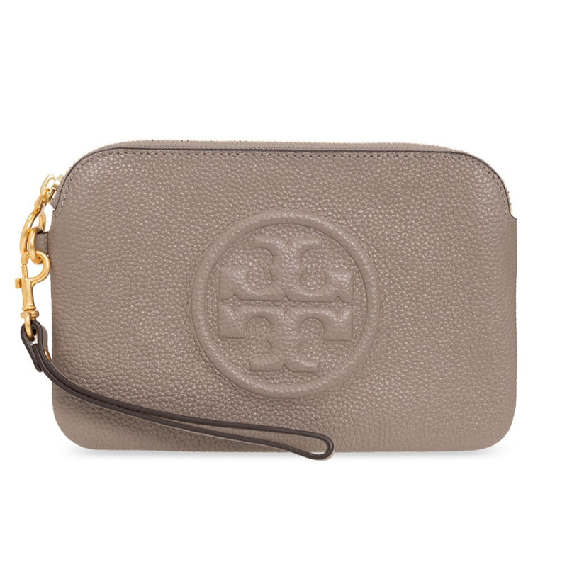 NEW Tory Burch Beige Perry Logo Emboss Leather Clutch Pouch Bag – Fin and Mo