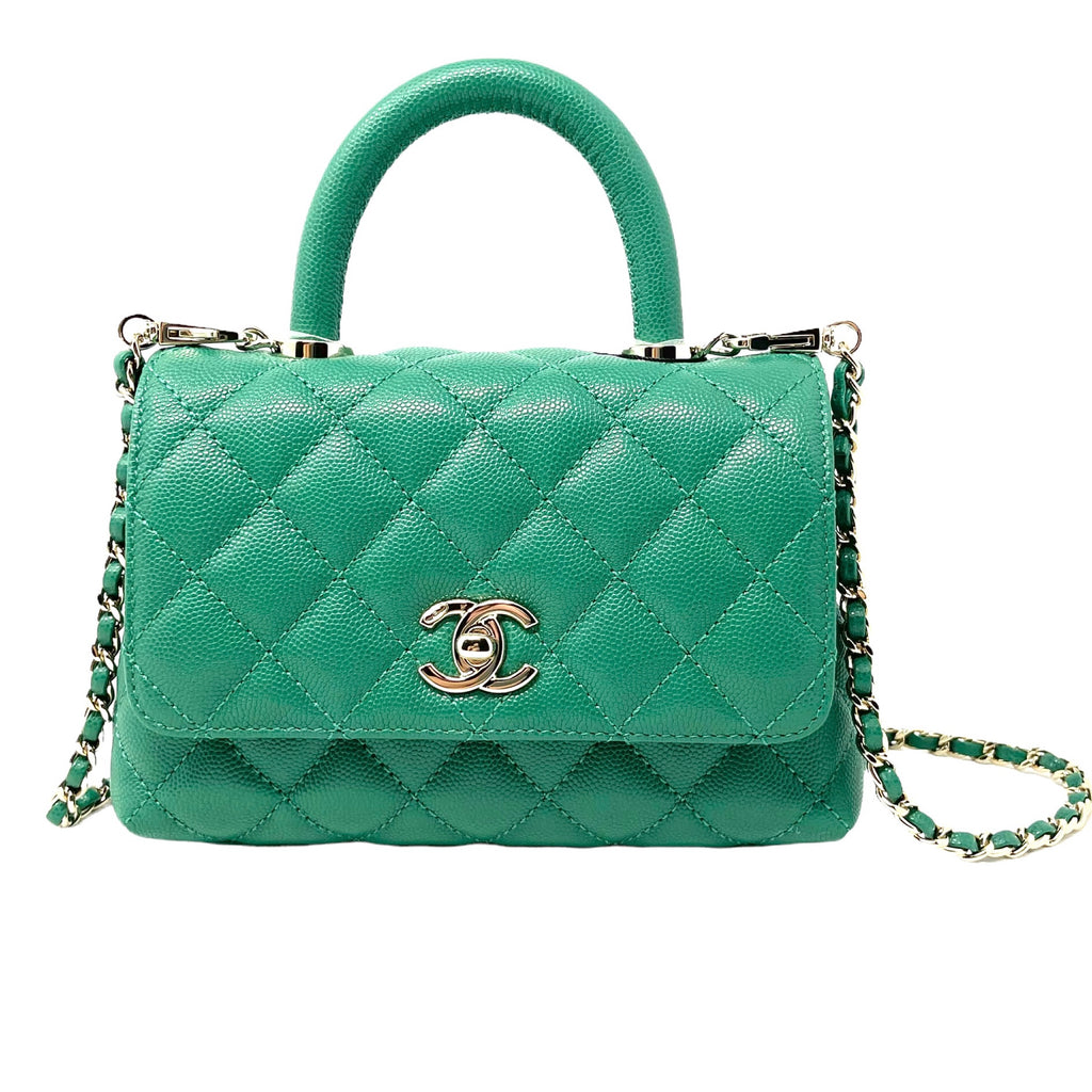 NEW Chanel Green Coco Handle Caviar Mini Flap Quilted Leather Satchel – Fin  and Mo