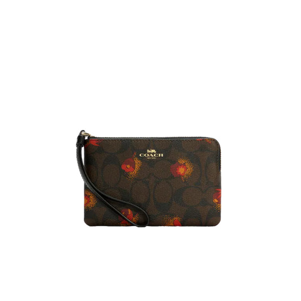 Coach Large Corner Zip Wristlet With Dreamy Land Floral Print Gold/Midnight