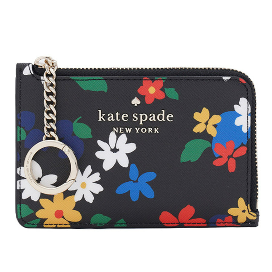 NEW Kate Spade Black Multi Staci Sailing Floral Medium L Zip Leather Card Holder