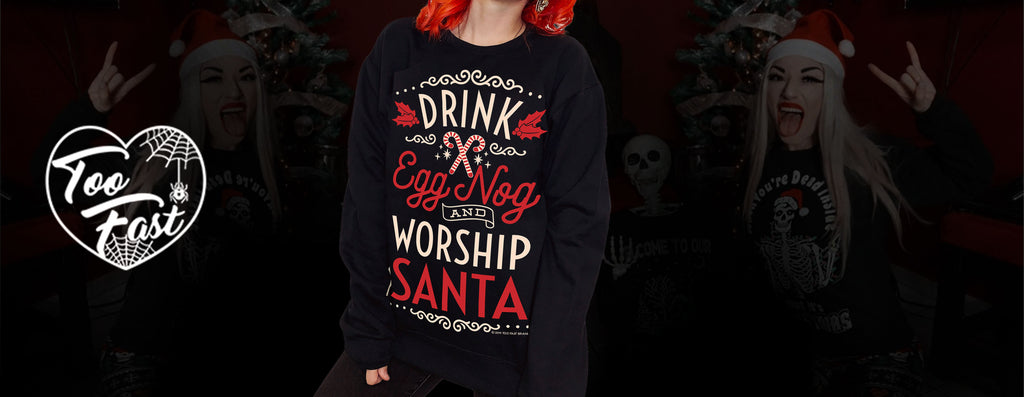 Celebrate the holidays in our Drink Eggnog Worship Santa Christmas Sweatshirt