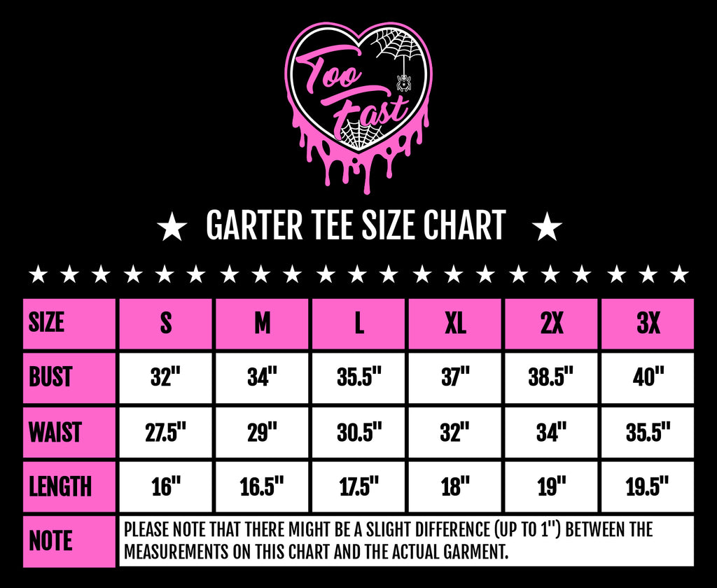 Too Fast Women's Garter Tee Size Chart