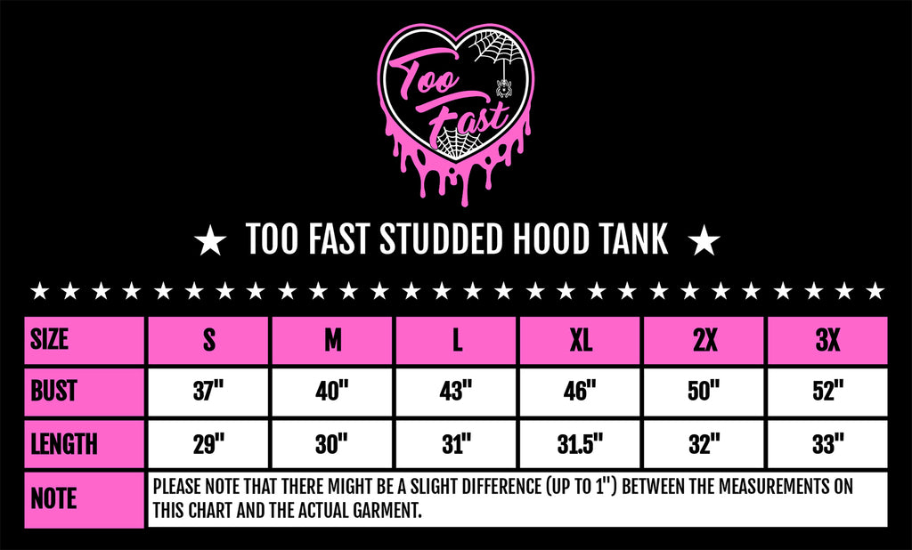 Too Fast Women's Studded Hood Loose Tank Size Chart