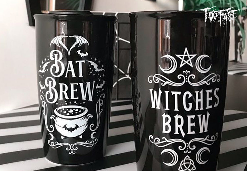 Witches Brew & Bat Brew mugs for Goth Home Decor