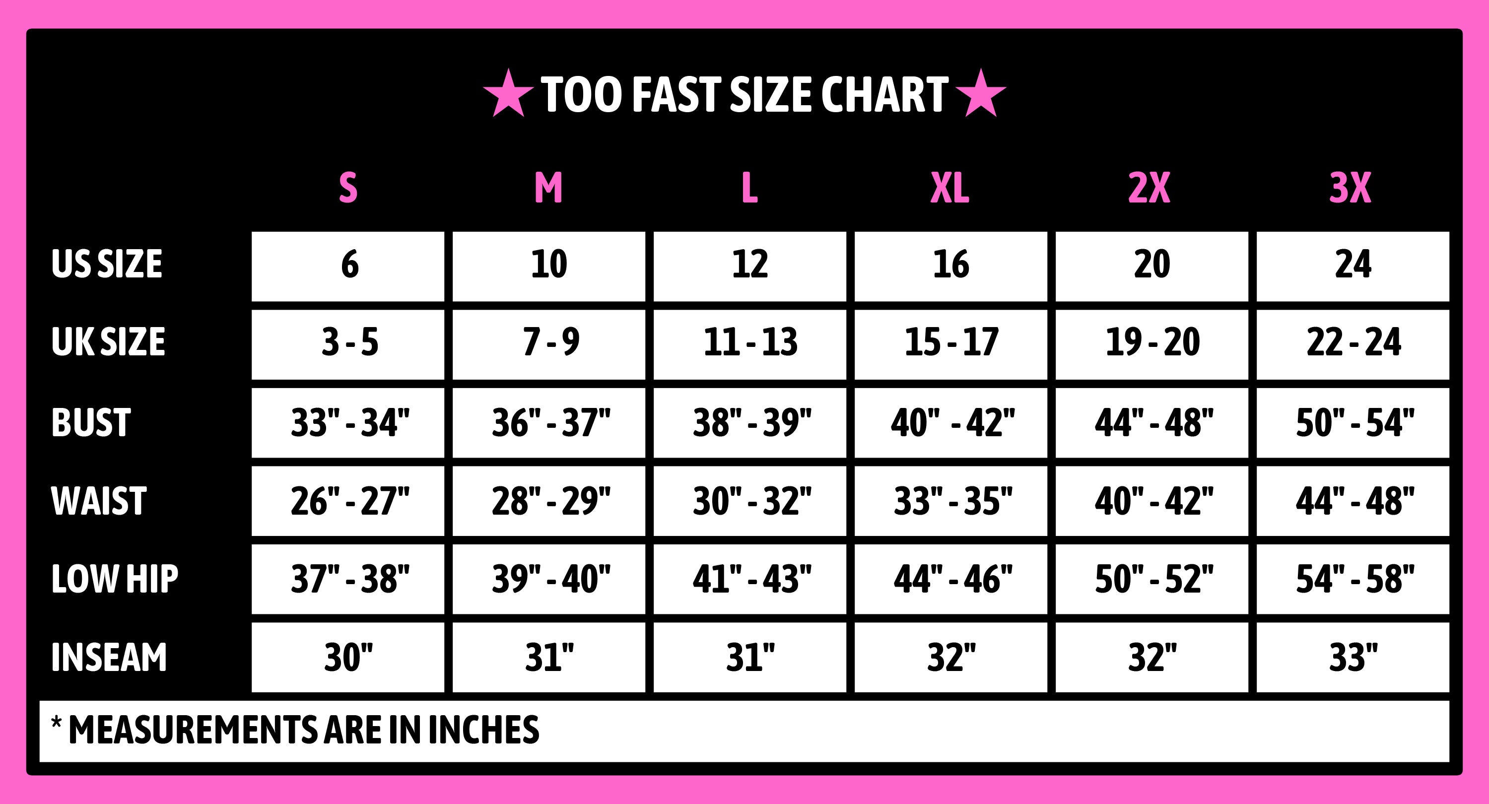 Size Chart | Too Fast Size Chart