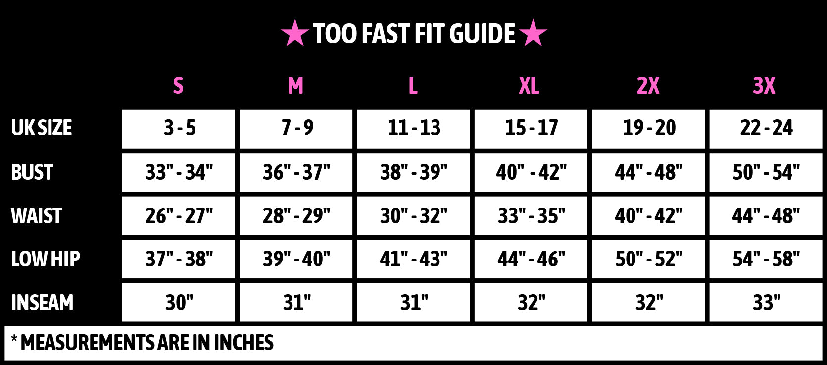 TOO FAST SIZE CHART