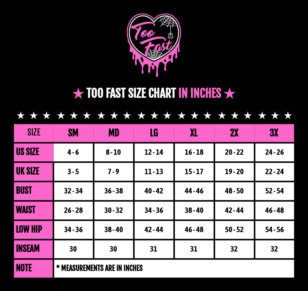 Too Fast Womans Size Chart in Inches