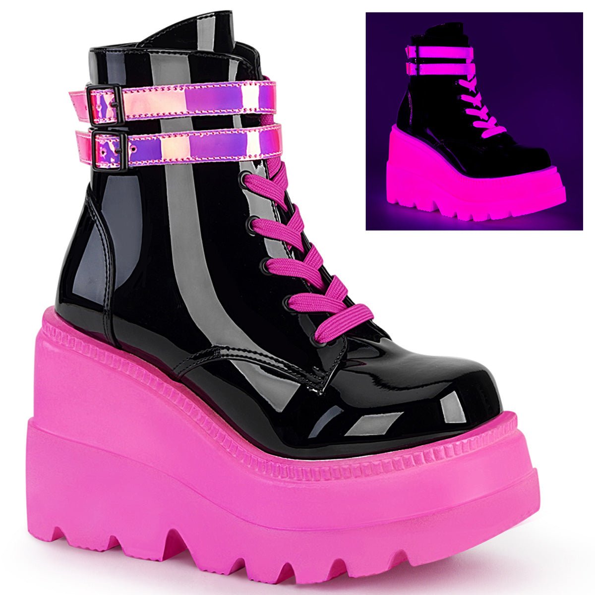 DEMONIA Slacker-52 Ankle Boots - Black UV Iridescent Pink