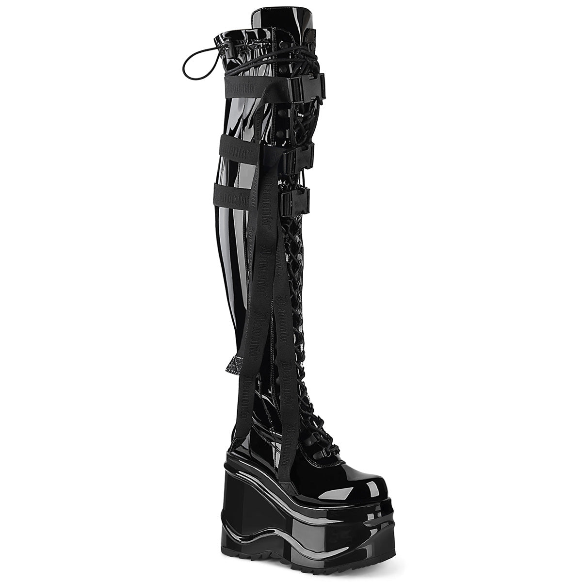 Demonia WAVE-315 | Black Stretch Patent Leather Above Knee Boots - Too Fast product image