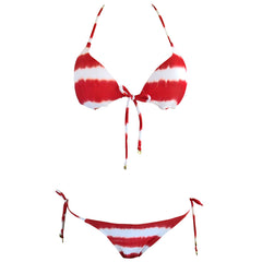 Red white tie dye stripe tie front padded triangle bikini cheeky brazilian string bottom