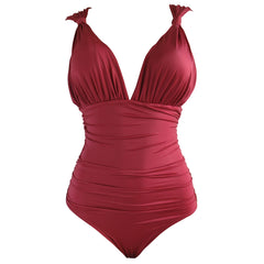 Deep Red Draped Silky womens one piece bathing suit ruched swimsuit designer Brigitte