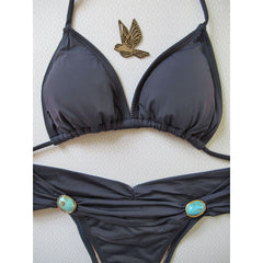 Navy Brazilian Triangle Bikini Turquoise Jewel Cheeky Hipster Designer Swimwear