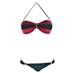 Navy Blue Red Color Block Bandeau Tanga Bottom Brazilian Bikini Swimwear Designer Brigitte