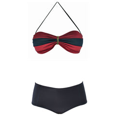 Red Navy Blue Color Block Brazilian Bandeau Bikini Top High Waisted Bottoms Swimwear Designer Brigitte
