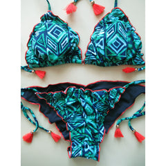 Turquoise green blue tribal print neon orange brazilian string bikini tassel tassels  ruched bottom