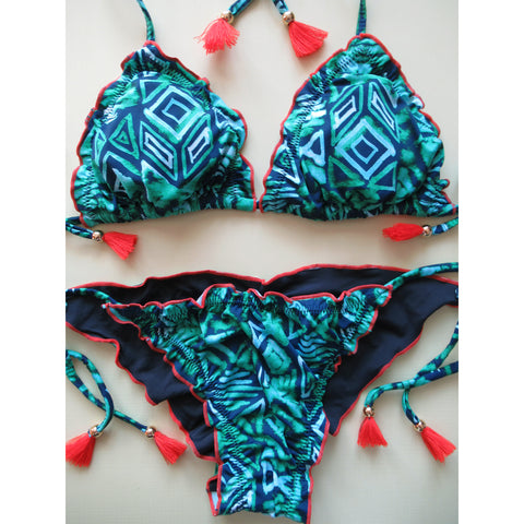 Brigitte Navy Blue Green Turquoise Tribal Print Bikini with Padded Triangle Top and Cheeky Ruched Scrunch String Bottom