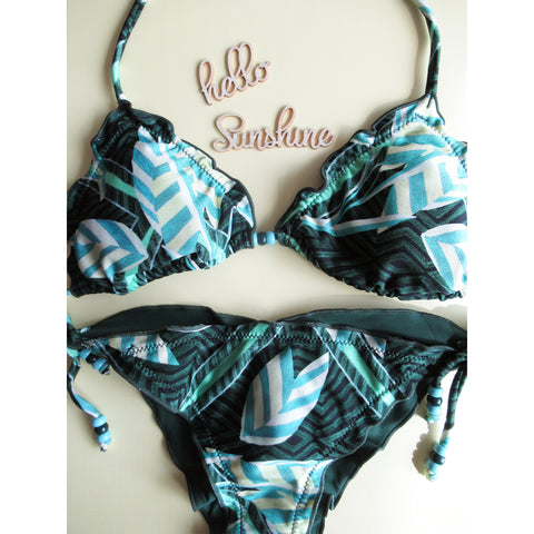 Cia Maritima Green Turquoise Tribal Print Triangle Top Brazilian Ripple Bikini with Cheeky Ruched Scrunch Bottom