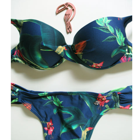 Cia.Maritima Navy Floral Underwire Push Up Bikini Cheeky Mid Rise Brazilian Tanga