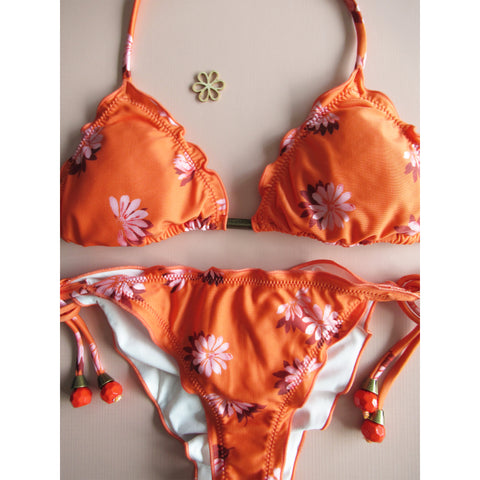 Cia Maritima Two Piece Swimming Suit Orange Flower Boho Beaded Ruched Scrunch Bottom Brazilian Bikini