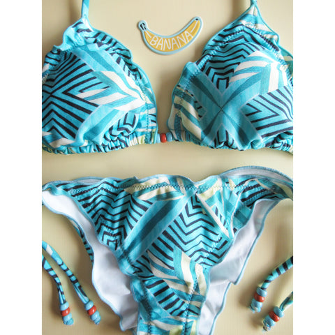 Cia Maritima Turquoise Yellow Tribal Sketch Print Triangle Top Brazilian Ripple Bikini with Cheeky Ruched Scrunch String Bottom