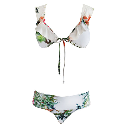 White palm bird tropical print brazilian bikini set padded triangle ruffle hipster cheeky bottom designer liquido 