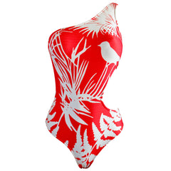 Red White Tropical Bird Graphic Print Cut Out Monokini Cheeky Bottom Salinas
