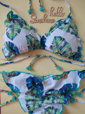 White turquoise blue tropical print palm tree brazilian bikini set triangle top cheeky string bottom