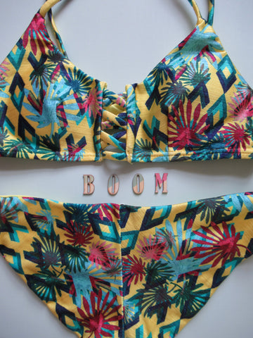 Cia Maritima Yellow Tropical Print Brazilian Surf Sport Bikini Crop Top Cheeky Tanga Bottom