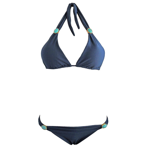 Navy Blue Halter Top Bikini with Turquoise - Zuzu Swim - Brigitte