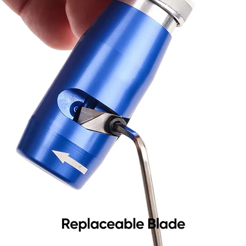 The image shows a close-up of a blue cable stripping tool with a focus on its replaceable blade. An arrow on the tool indicates the direction for inserting or adjusting the blade, and a hex key is shown being used to tighten or replace the blade. The text below the image reads "Replaceable Blade," emphasizing the tool’s feature for easy maintenance.