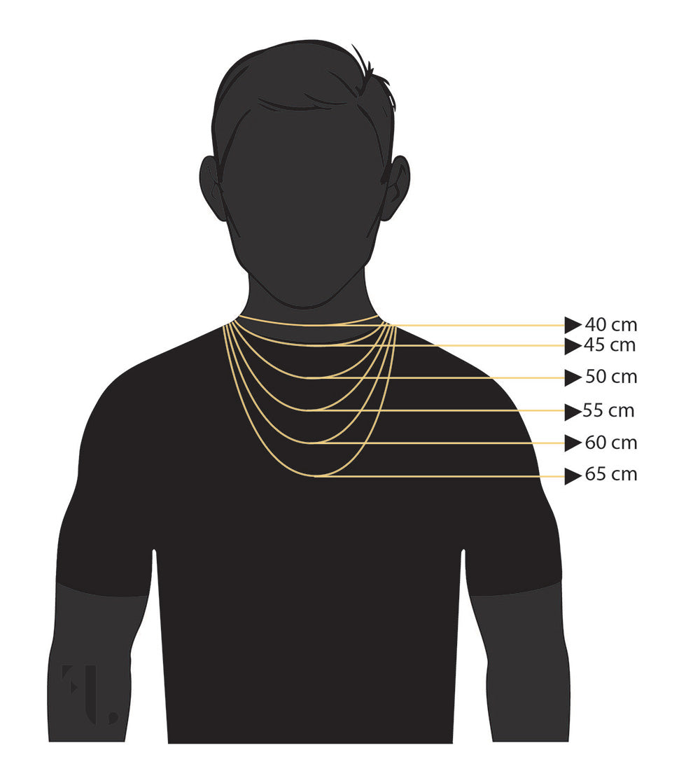 Find the right necklace size for you with this men's chart from Five Jwlry