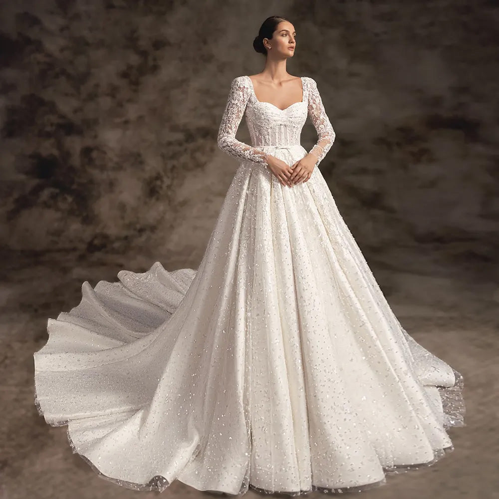 A-Line Elegant Princess Wedding Dresses High Neck Long Sleeve Romantic -  Elsi John